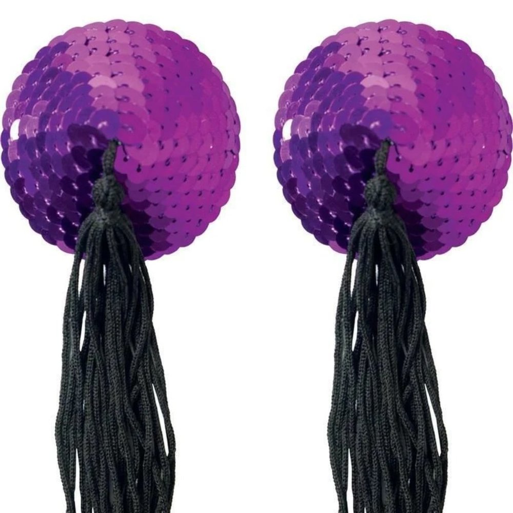 Premium Eye Candy Peekaboo Pasties Purple Sequin With Black Tassel Pair
